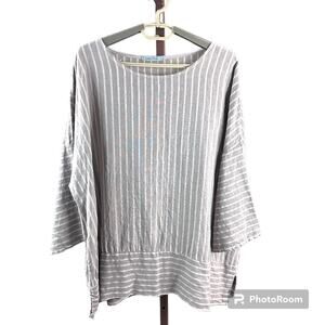 Angela Mara striped linen top pull over khaki beige scoopneck lagenlook SZ Med